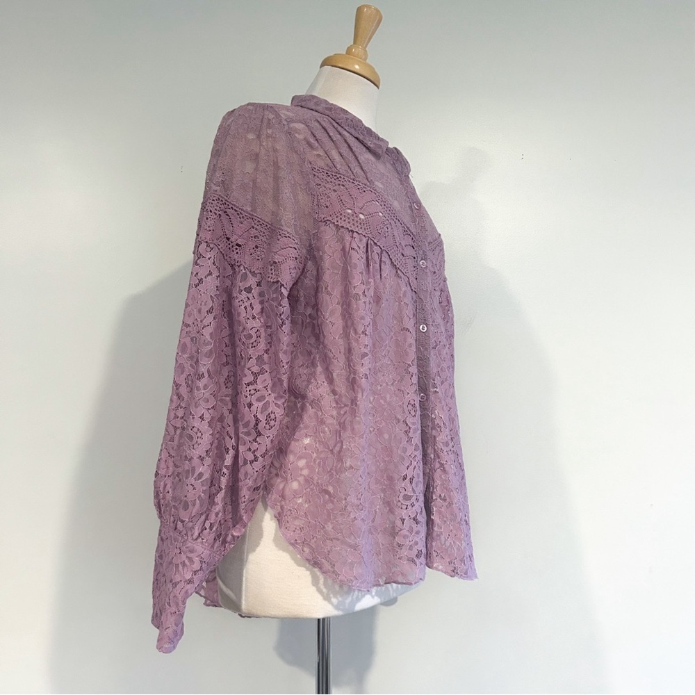 Free People Out West Lace Blouse NWT Lilac Sheer Button Front Top S - Picture 9 of 17